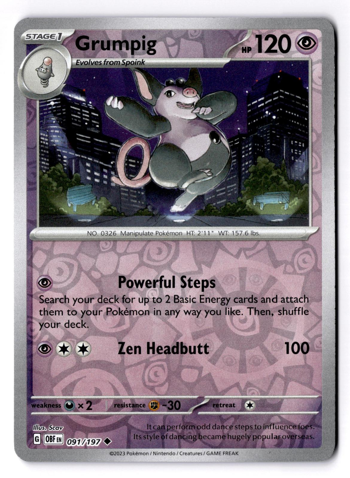 Grumpig 091/197 Uncommon Obsidian Flames Pokemon Reverse Holo Near Mint