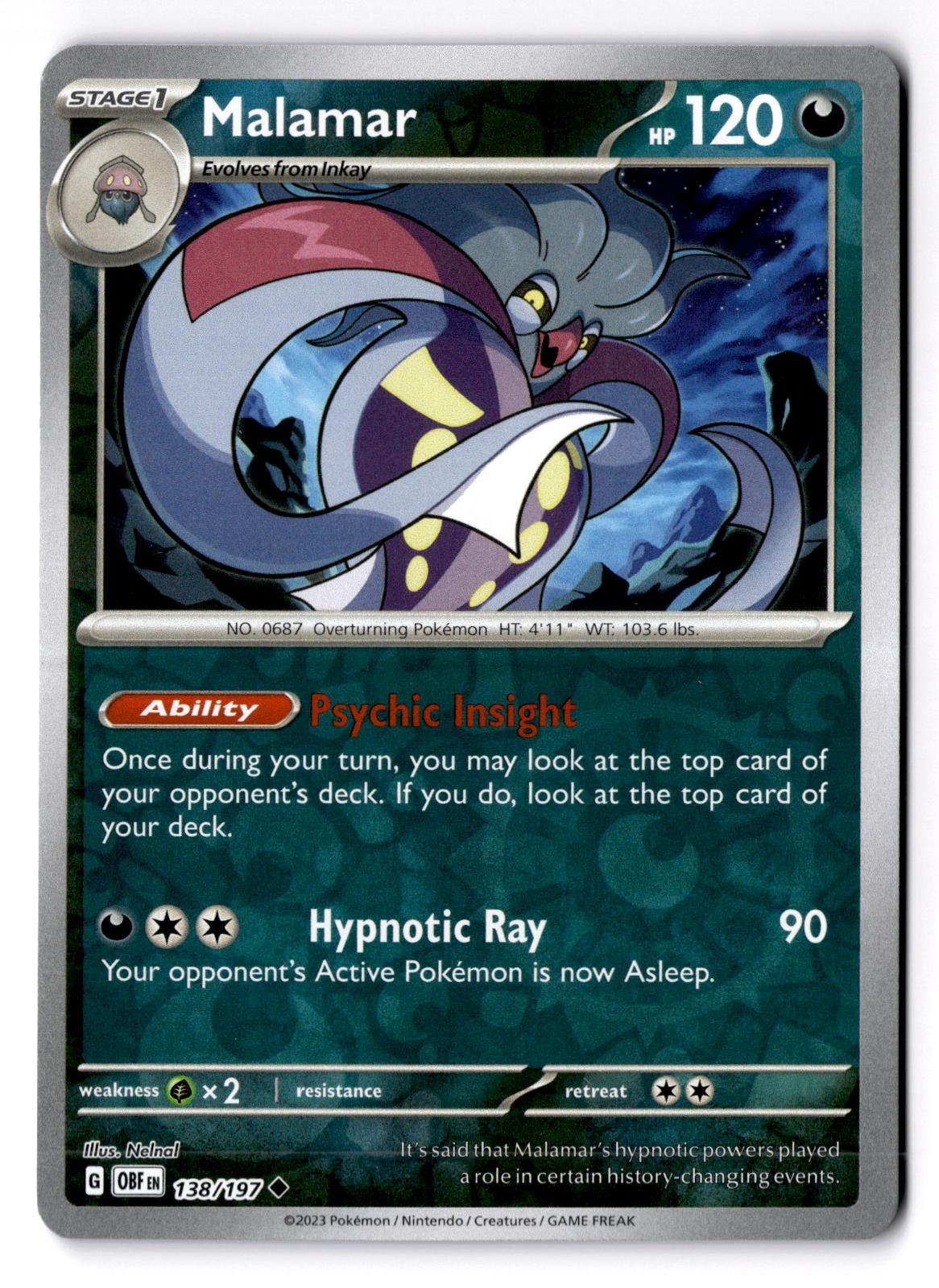 Malamar 138/197 Uncommon Obsidian Flames Pokemon Reverse Holo Near Mint