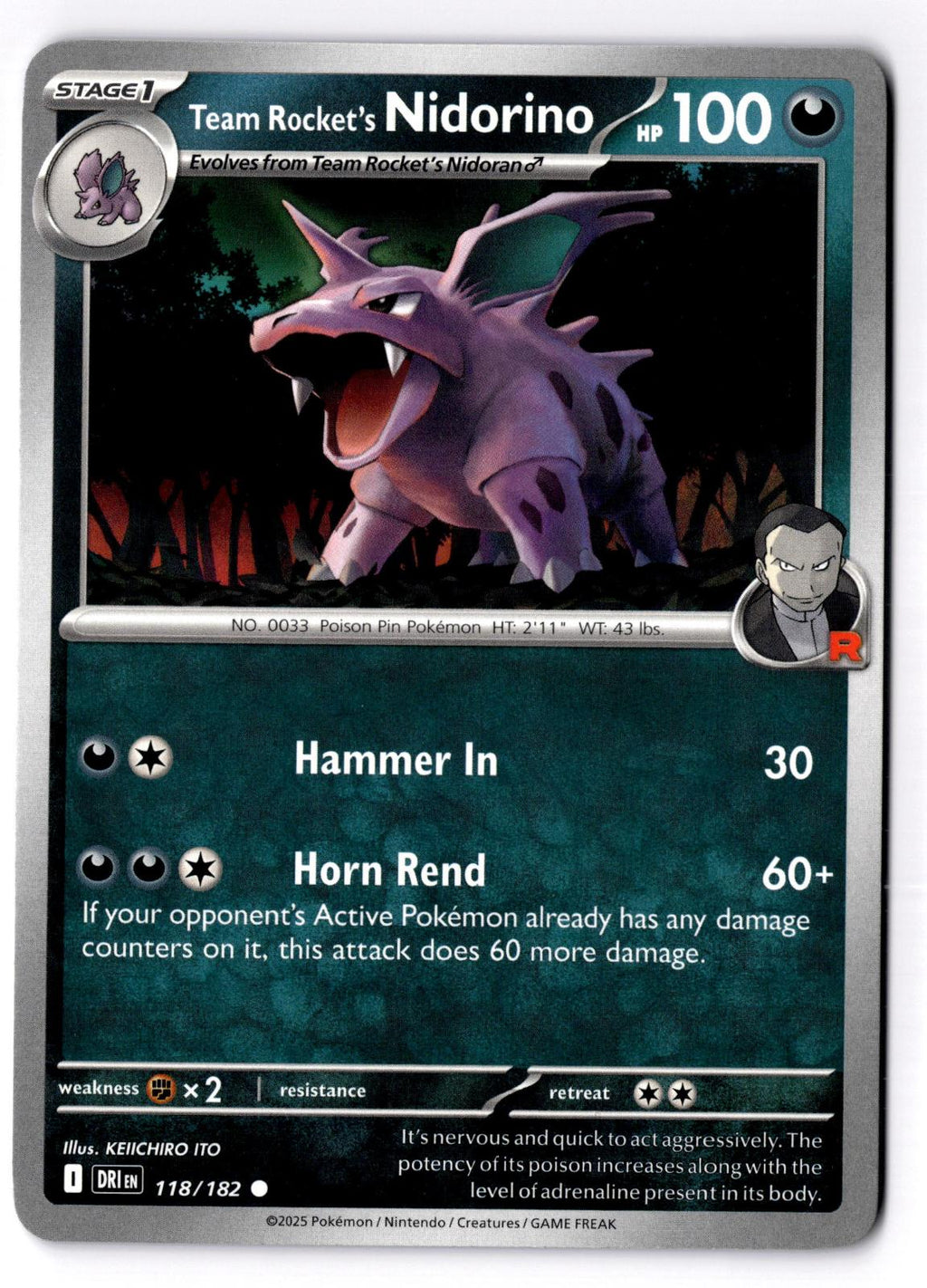 Team Rocket's Nidorino 118/182 Common Destined Rivals Pokemon Near Mint