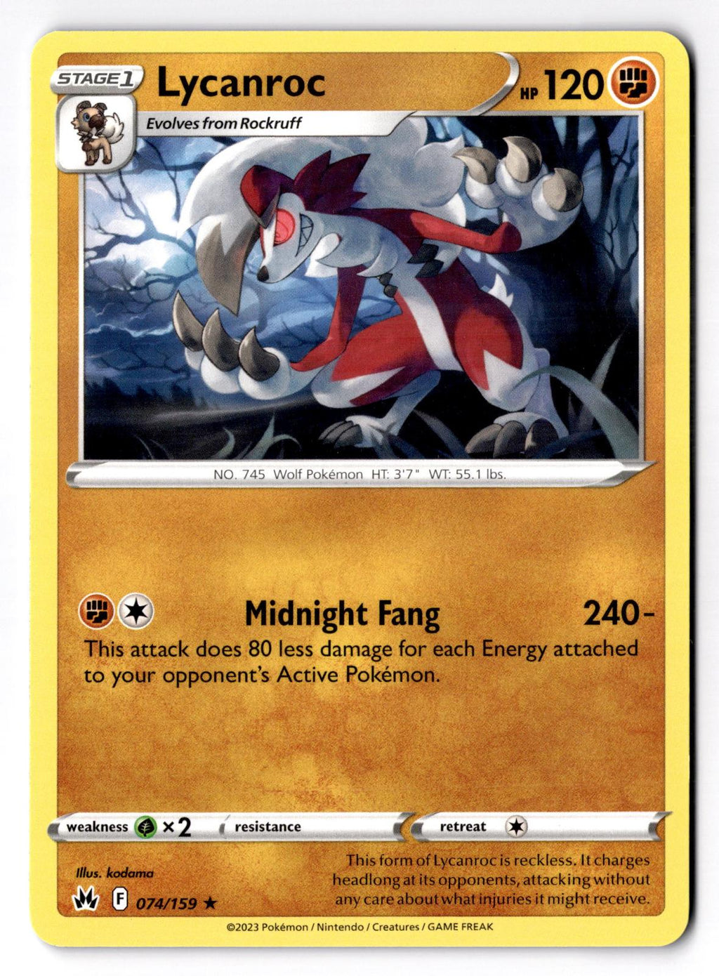 Lycanroc 074/159 Rare Crown Zenith Pokemon Near Mint