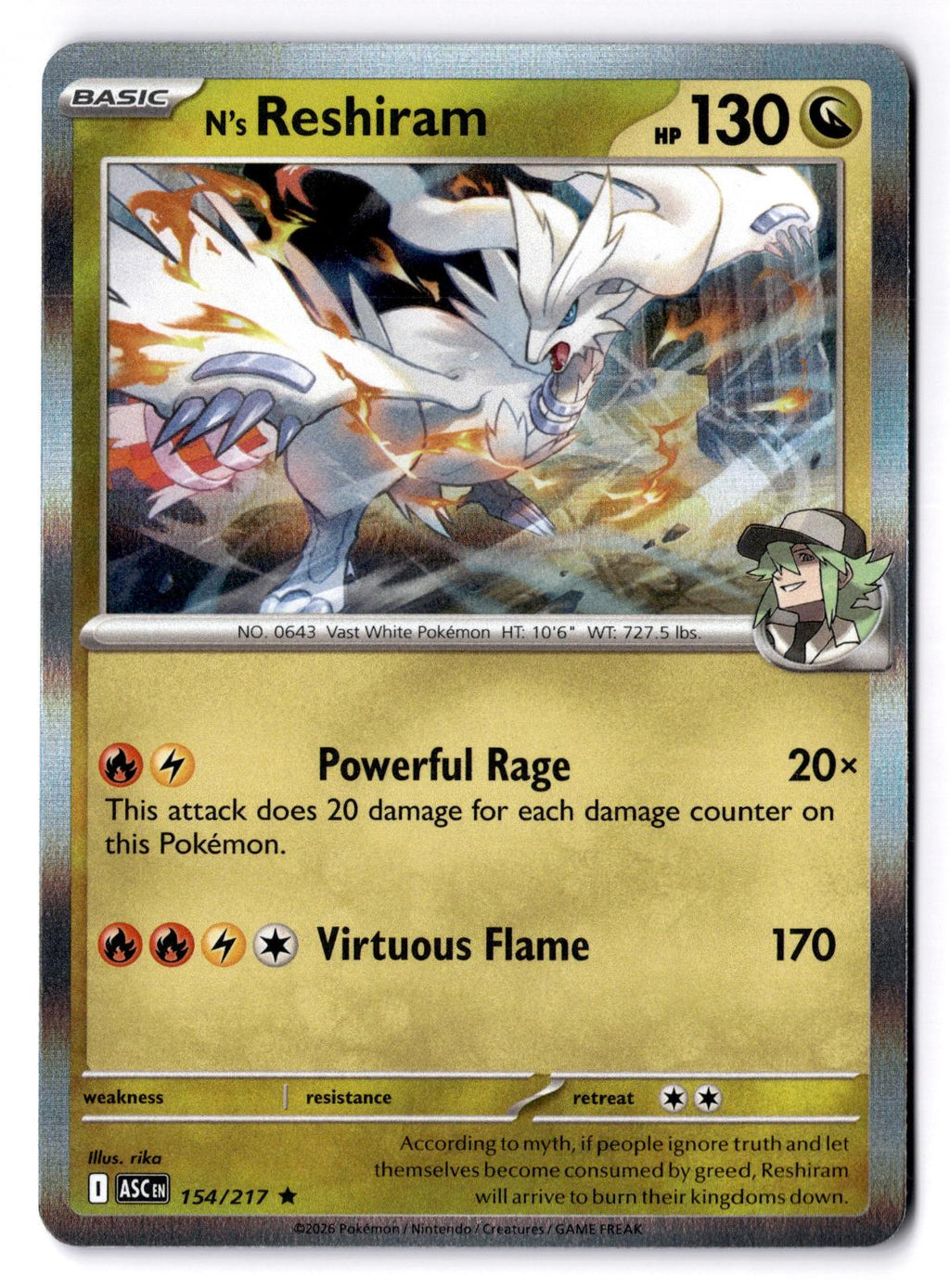 N's Reshiram 154/217 Rare Ascended Heroes Pokemon Holo Near Mint