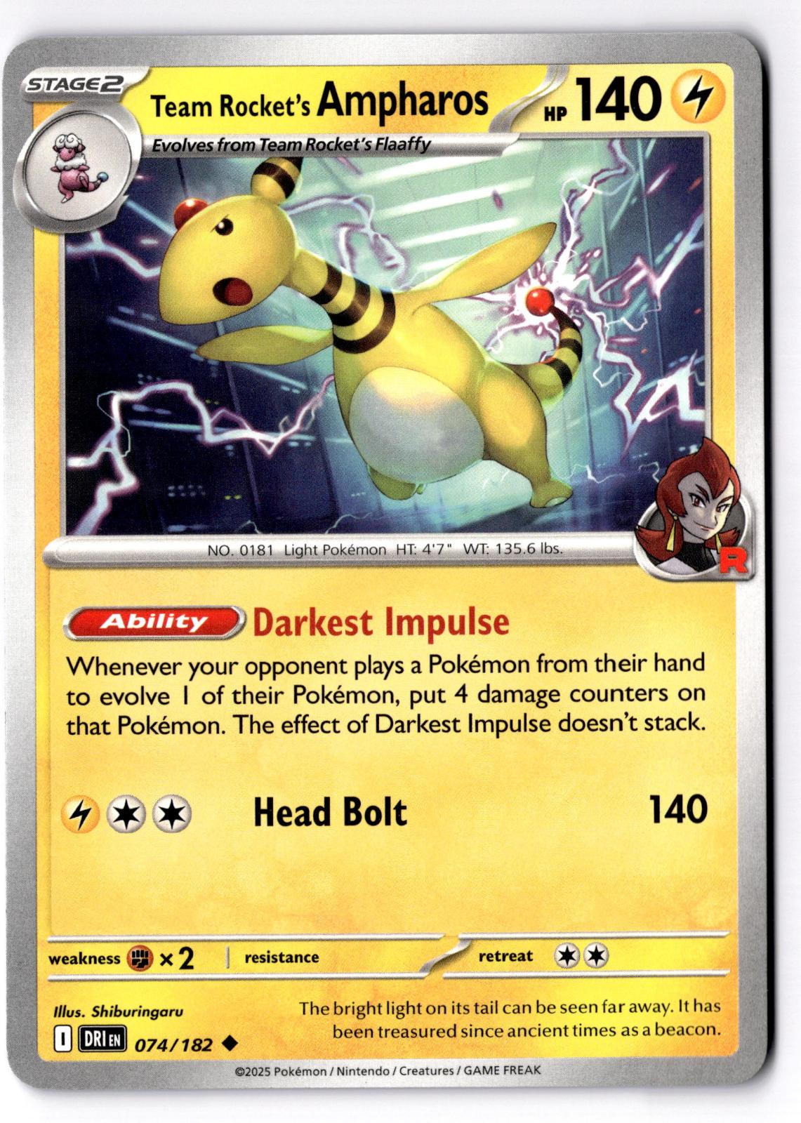 Team Rocket's Ampharos 074/182 Uncommon Destined Rivals Pokemon Near Mint