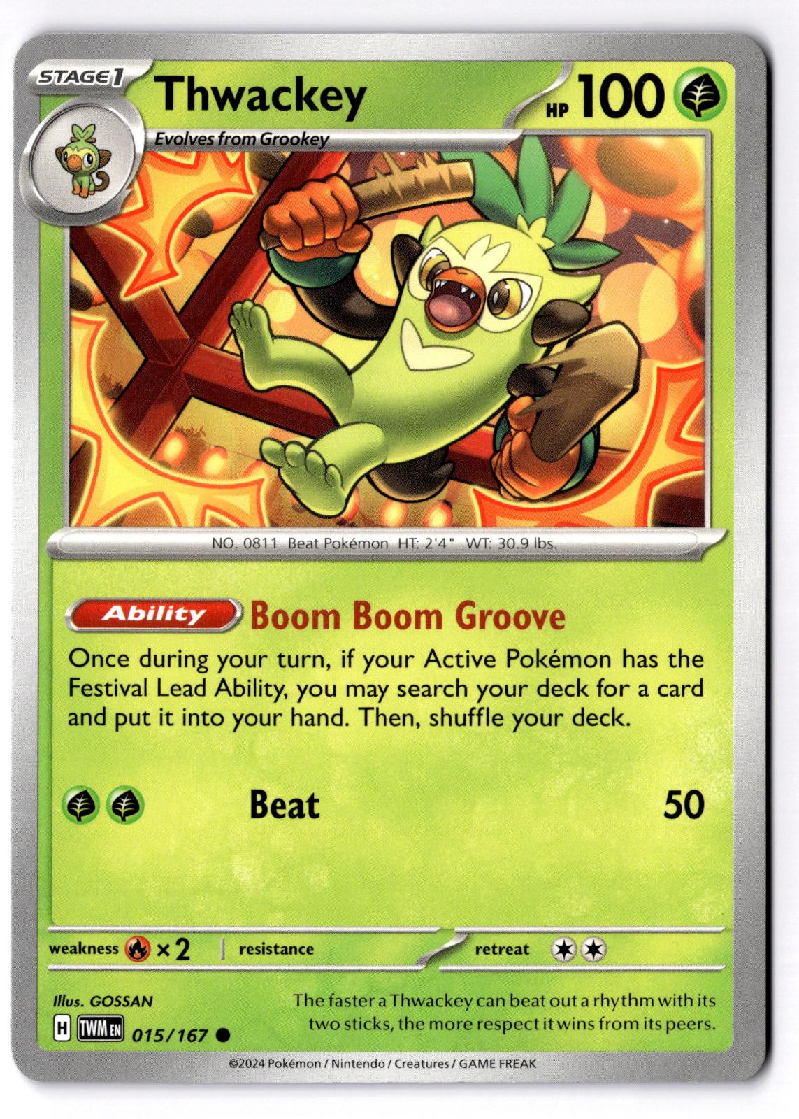 Thwackey 015/167 Common Twilight Masquerade Pokemon Near Mint