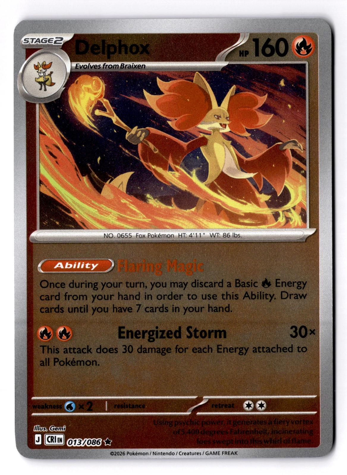 Delphox 013/086 Rare Chaos Rising Pokemon Reverse Holo Near Mint