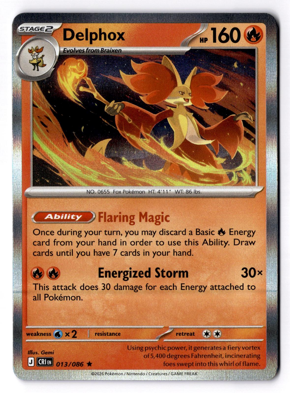 Delphox 013/086 Rare Chaos Rising Pokemon Holo Near Mint