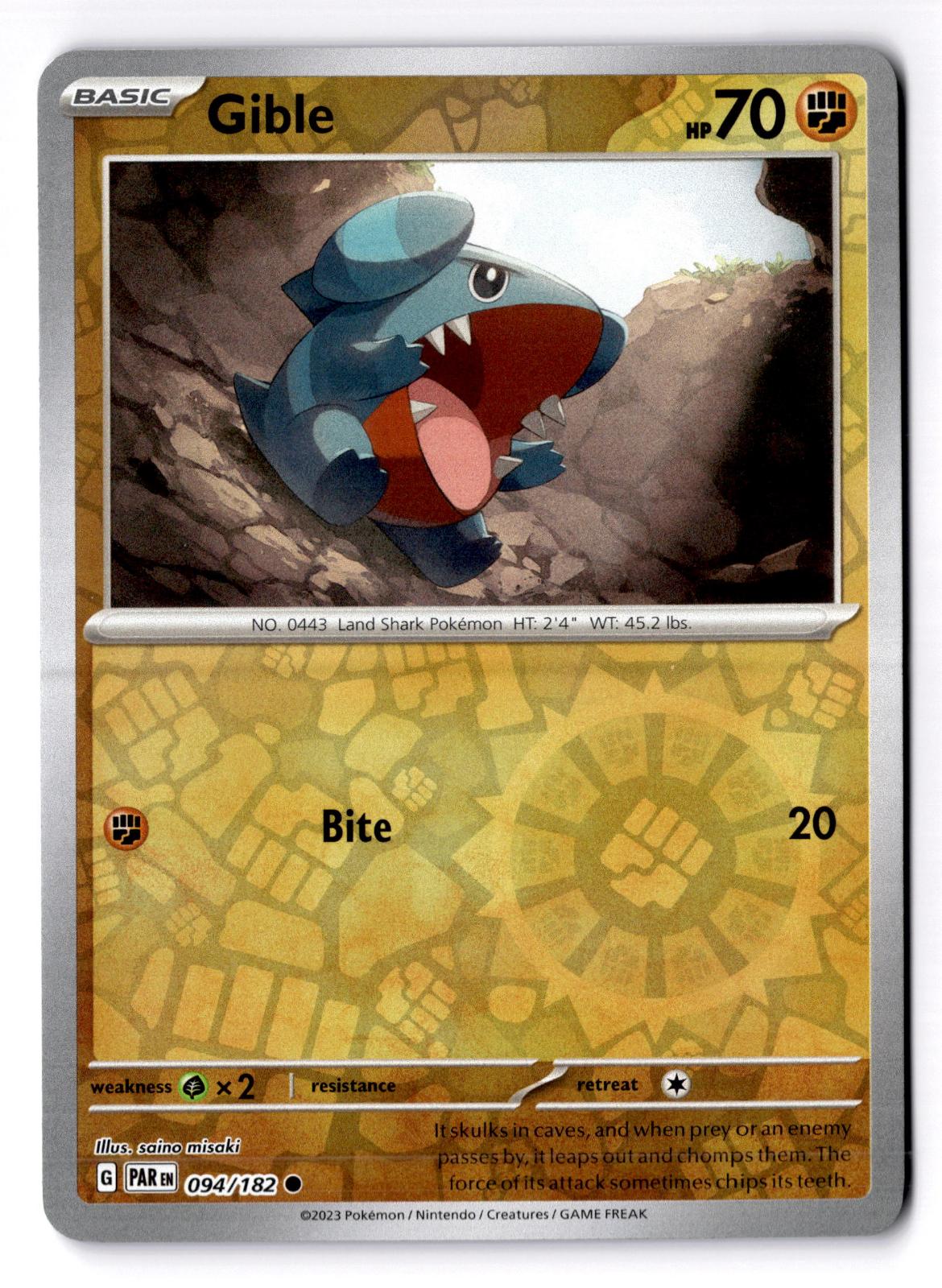 Gible 094/182 Common Paradox Rift Pokemon Reverse Holo Near Mint