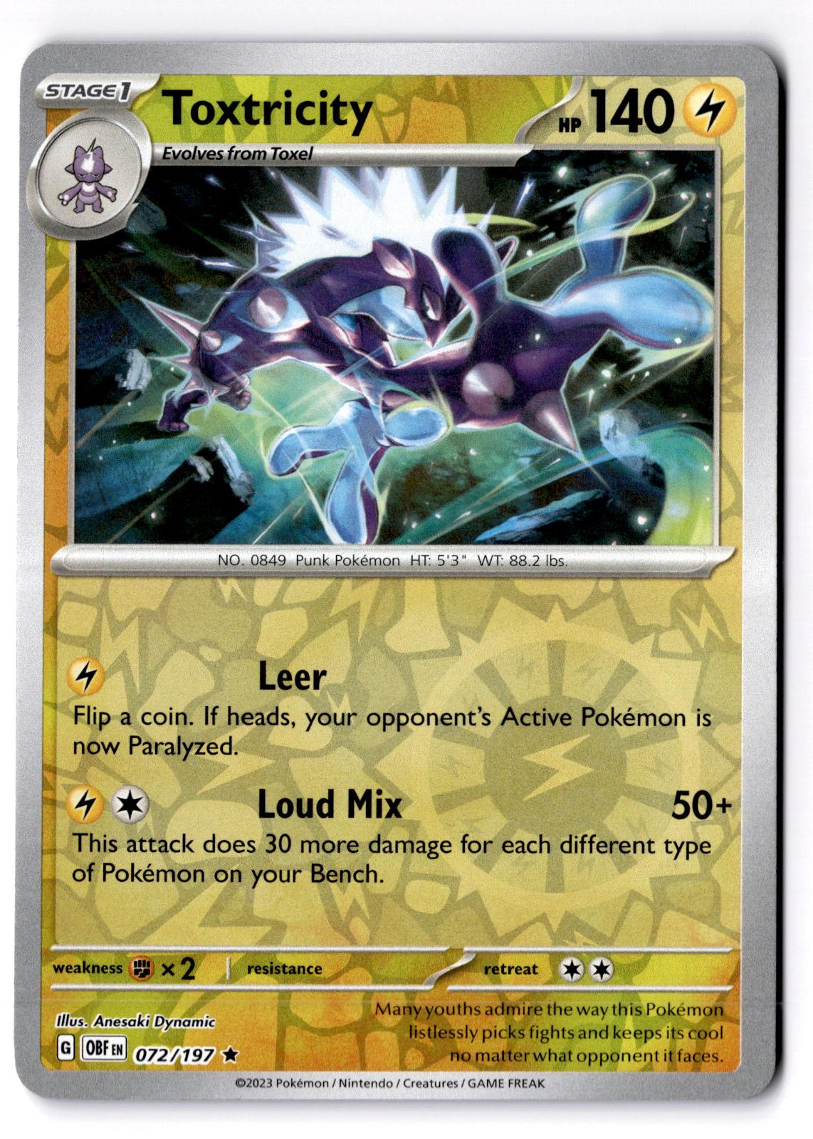 Toxtricity 072/197 Rare Obsidian Flames Pokemon Reverse Holo Near Mint
