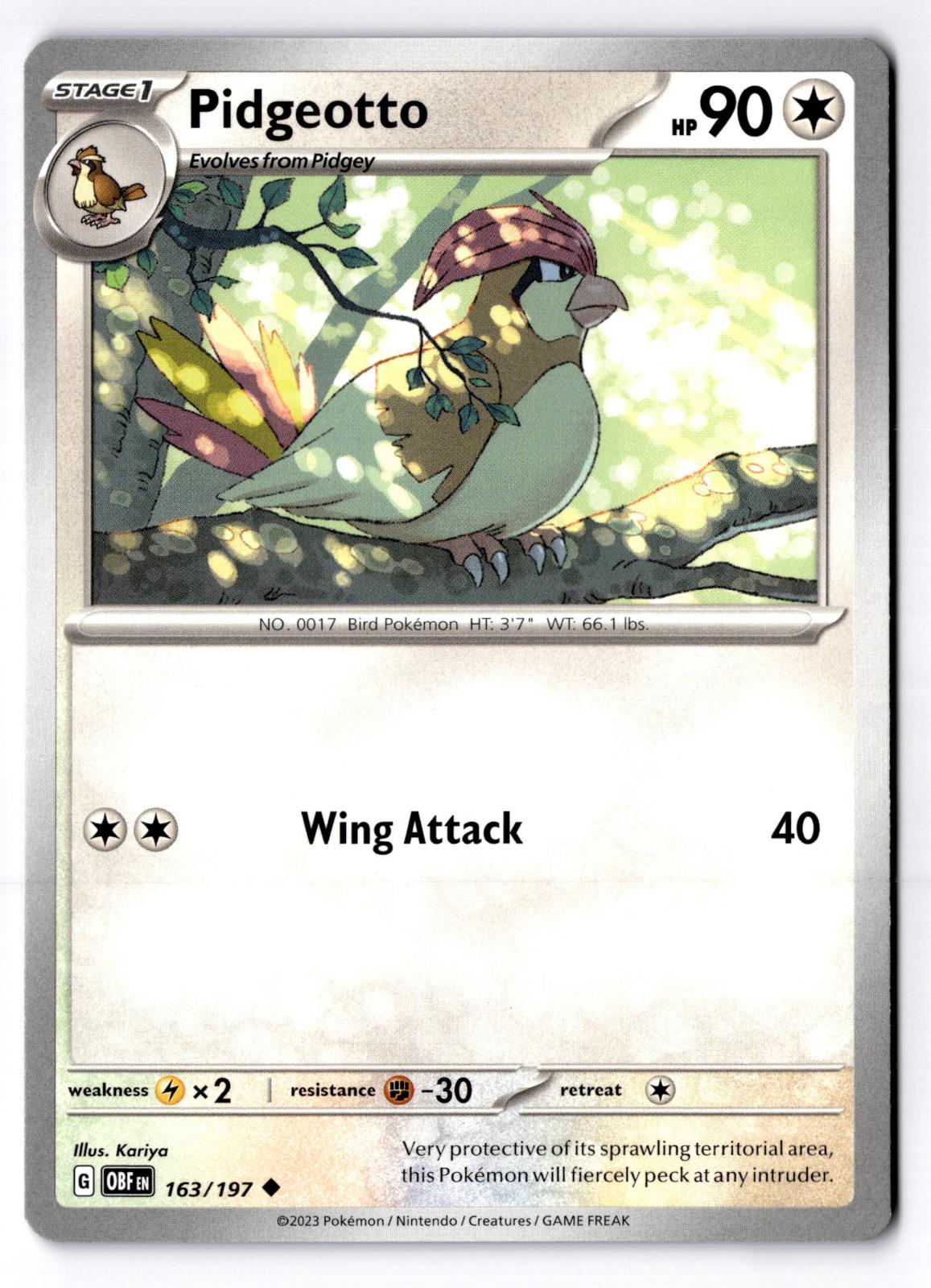 Pidgeotto 163/197 Uncommon Obsidian Flames Pokemon Near Mint