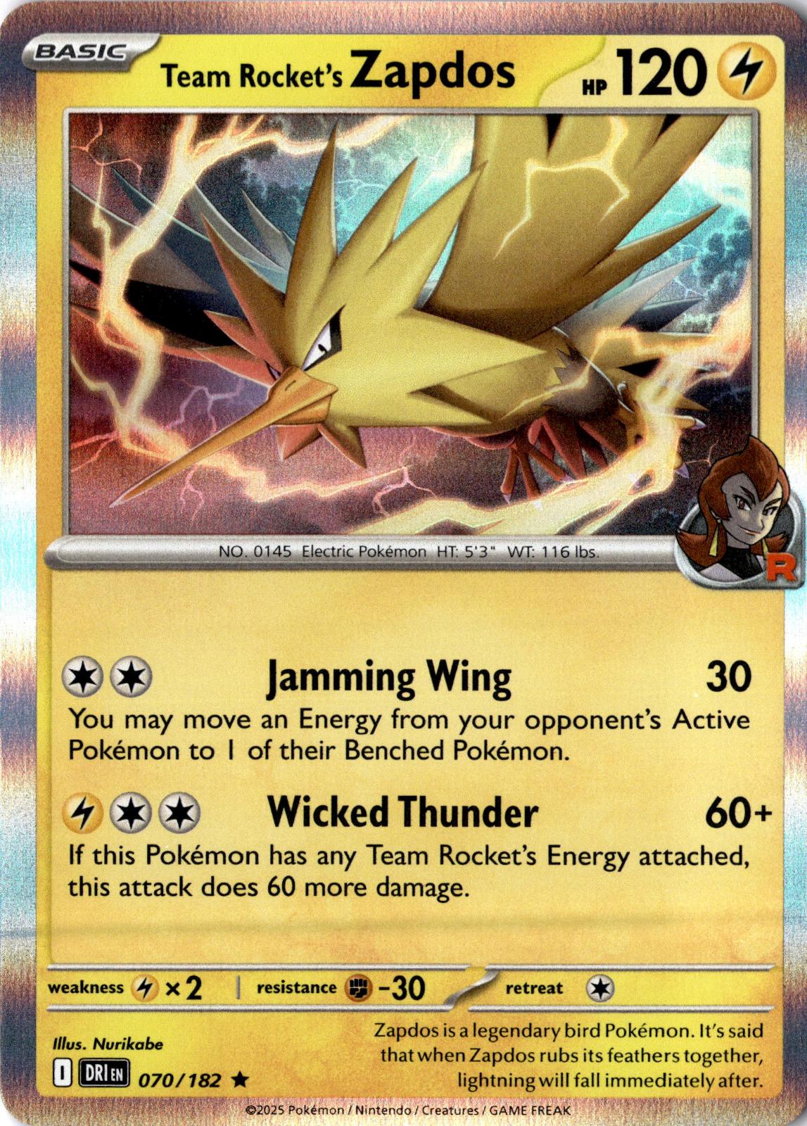 Team Rocket's Zapdos 070/182 Rare Destined Rivals Pokemon Holo Near Mint